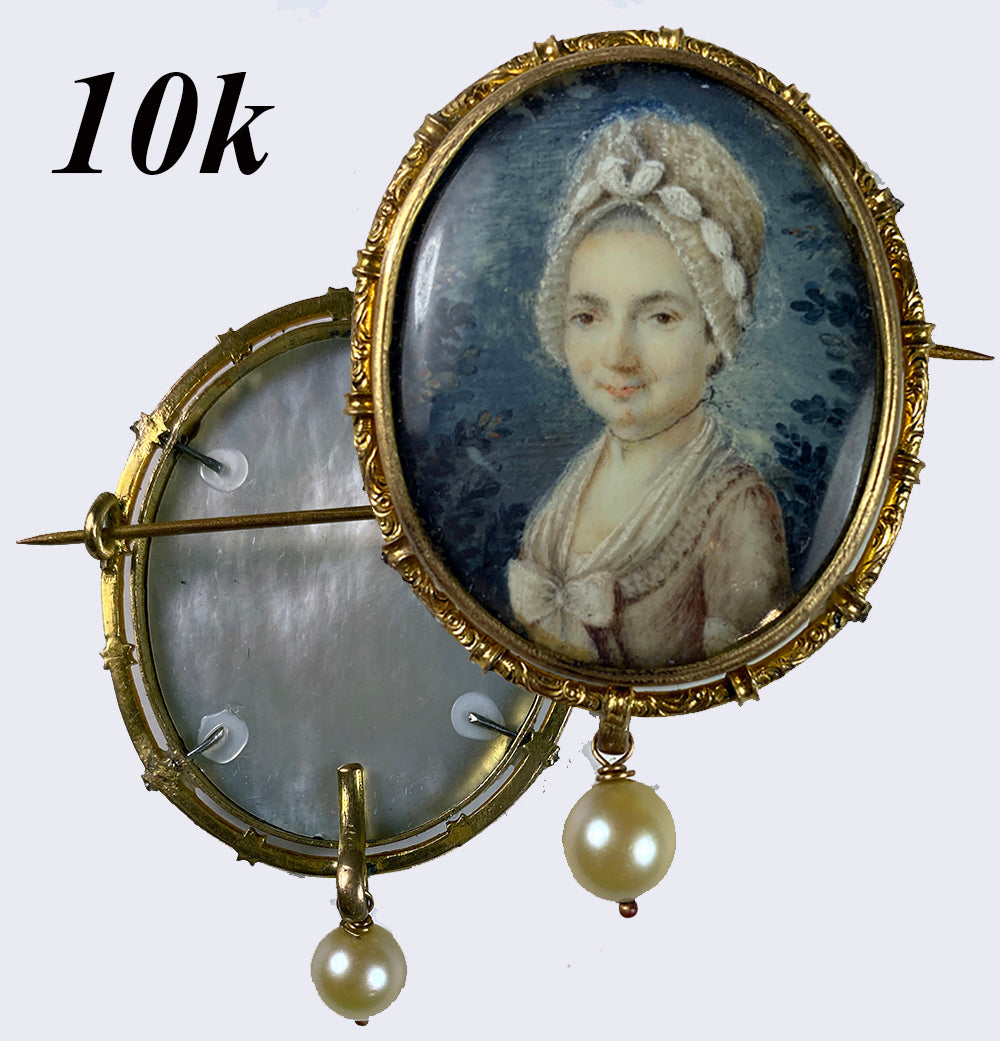 Antique French Portrait Miniature on Mother of Pearl, 10k