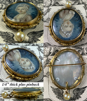 Antique c.1750s French Portrait Miniature on Mother of Pearl, 10k Gold Brooch Mount with Watch Hook, Pearl