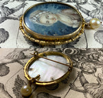 Antique c.1750s French Portrait Miniature on Mother of Pearl, 10k Gold Brooch Mount with Watch Hook, Pearl