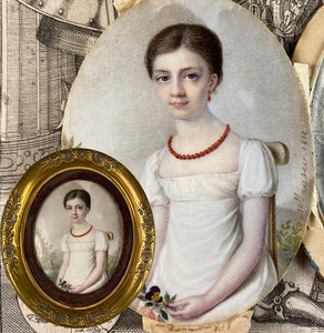 Superb Signed c.1812 French Empire Portrait Miniature of a Pre-Teen Young Girl, Red Coral Jewelry, Napoleon Era