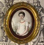 Superb Signed c.1812 French Empire Portrait Miniature of a Pre-Teen Young Girl, Red Coral Jewelry, Napoleon Era