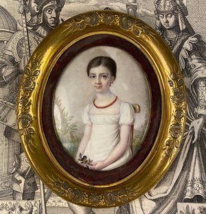 Superb Signed c.1812 French Empire Portrait Miniature of a Pre-Teen Young Girl, Red Coral Jewelry, Napoleon Era