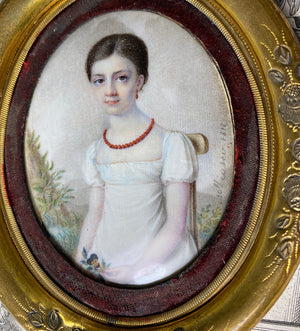 Superb Signed c.1812 French Empire Portrait Miniature of a Pre-Teen Young Girl, Red Coral Jewelry, Napoleon Era