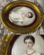 Superb Signed c.1812 French Empire Portrait Miniature of a Pre-Teen Young Girl, Red Coral Jewelry, Napoleon Era