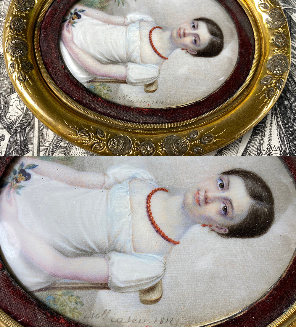 Superb Signed c.1812 French Empire Portrait Miniature of a Pre-Teen Young Girl, Red Coral Jewelry, Napoleon Era