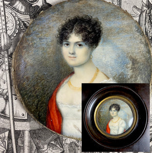 Antique French Portrait Miniature of a Young Beauty, Titus or Guillotine Haircut, Red Shawl