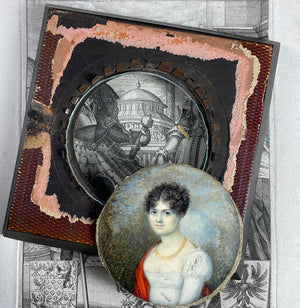 Antique French Portrait Miniature of a Young Beauty, Titus or Guillotine Haircut, Red Shawl