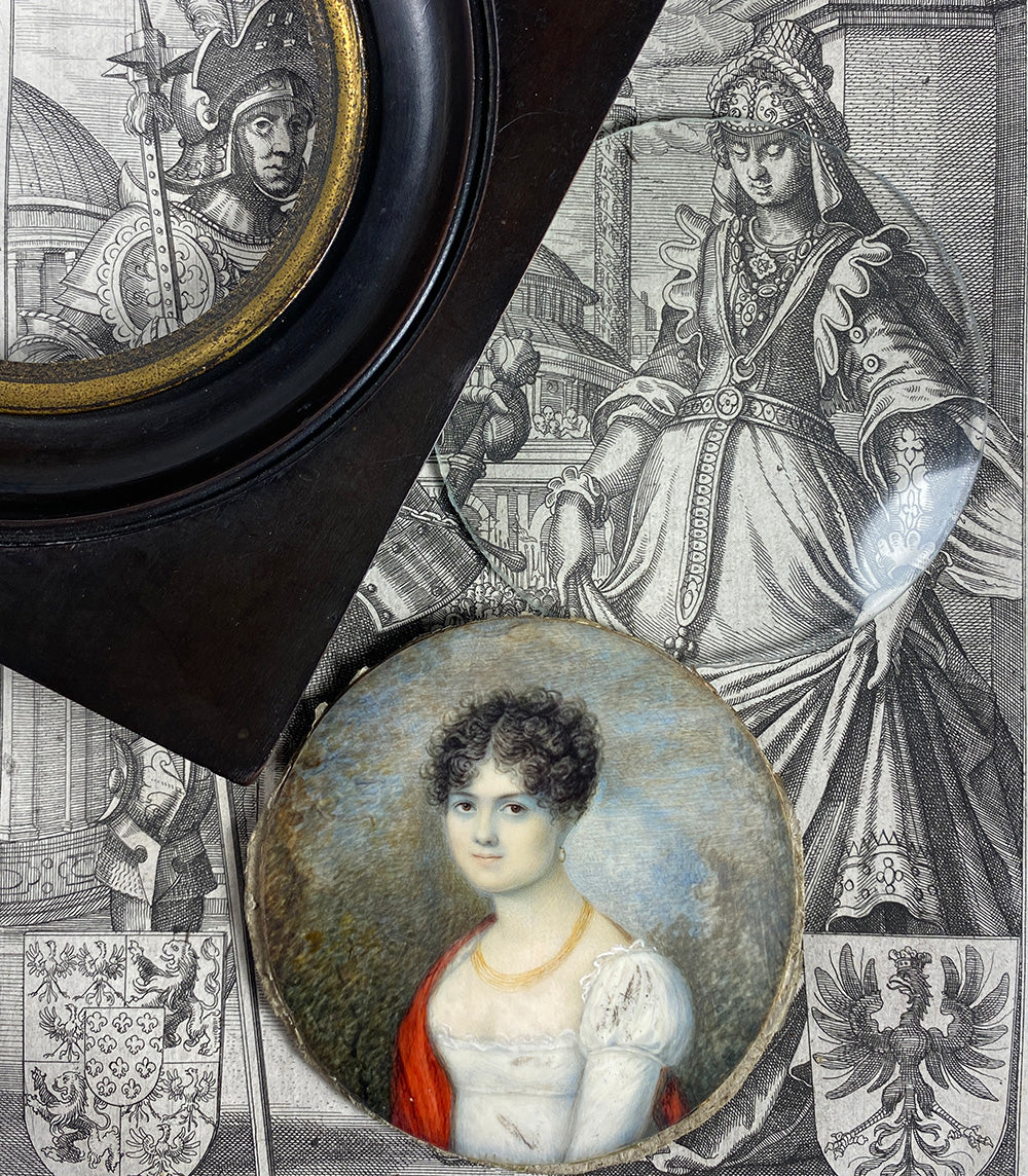 Antique French Portrait Miniature of a Young Beauty, Titus or Guillotine Haircut, Red Shawl