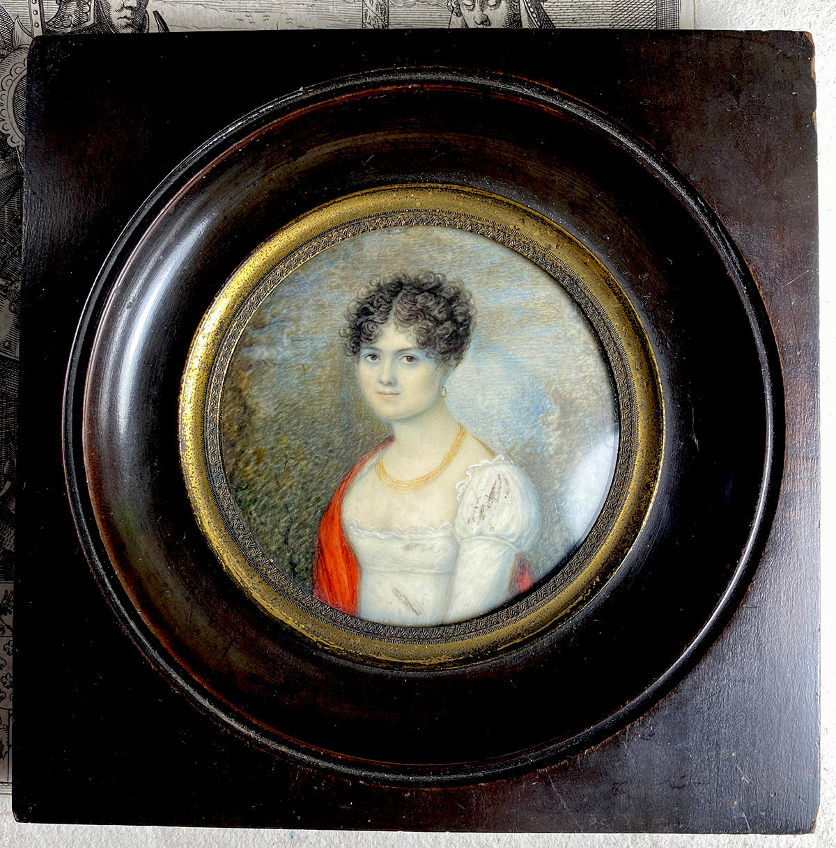 Antique French Portrait Miniature of a Young Beauty, Titus or Guillotine Haircut, Red Shawl