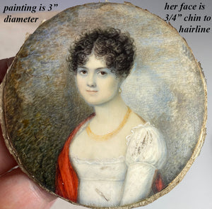 Antique French Portrait Miniature of a Young Beauty, Titus or Guillotine Haircut, Red Shawl