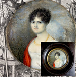 Antique French Portrait Miniature of a Young Beauty, Titus or Guillotine Haircut, Red Shawl