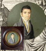 antique French Portrait Miniature, Gentleman in Embroidered Vest, Signed Lefebure, 1813, Hair Art Back