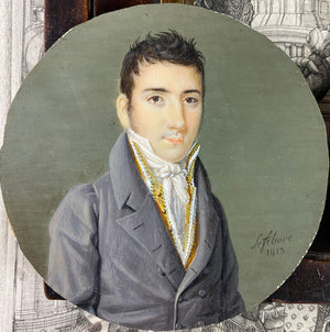 antique French Portrait Miniature, Gentleman in Embroidered Vest, Signed Lefebure, 1813, Hair Art Back