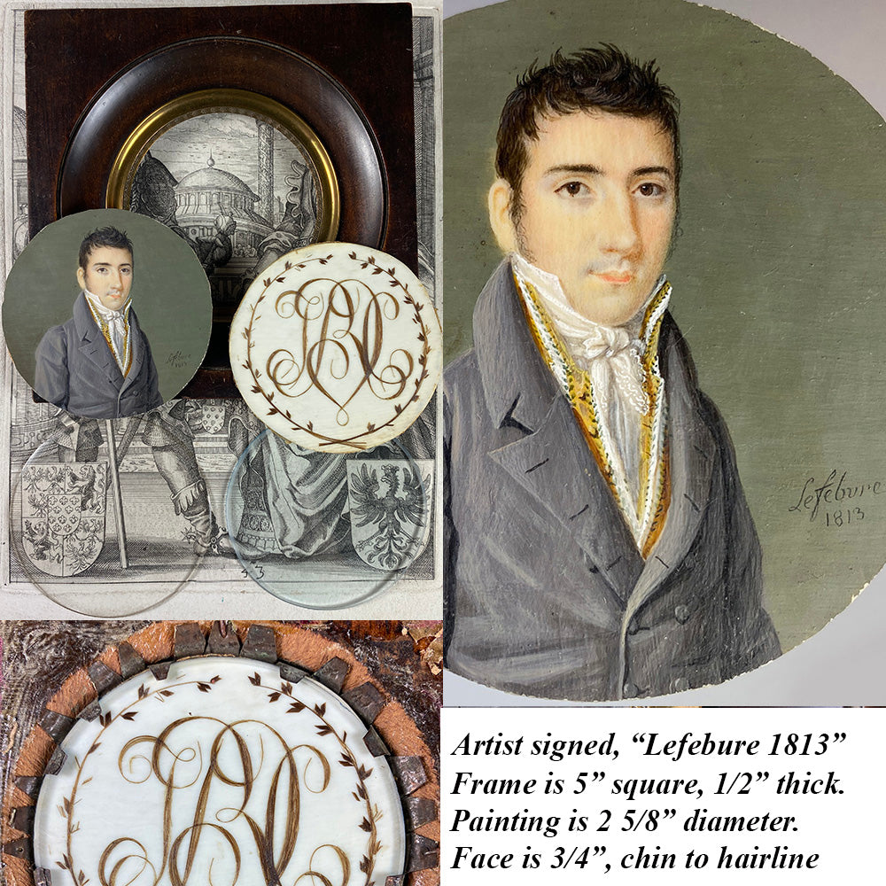 antique French Portrait Miniature, Gentleman in Embroidered Vest, Signed Lefebure, 1813, Hair Art Back