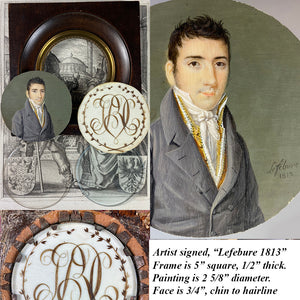 antique French Portrait Miniature, Gentleman in Embroidered Vest, Signed Lefebure, 1813, Hair Art Back