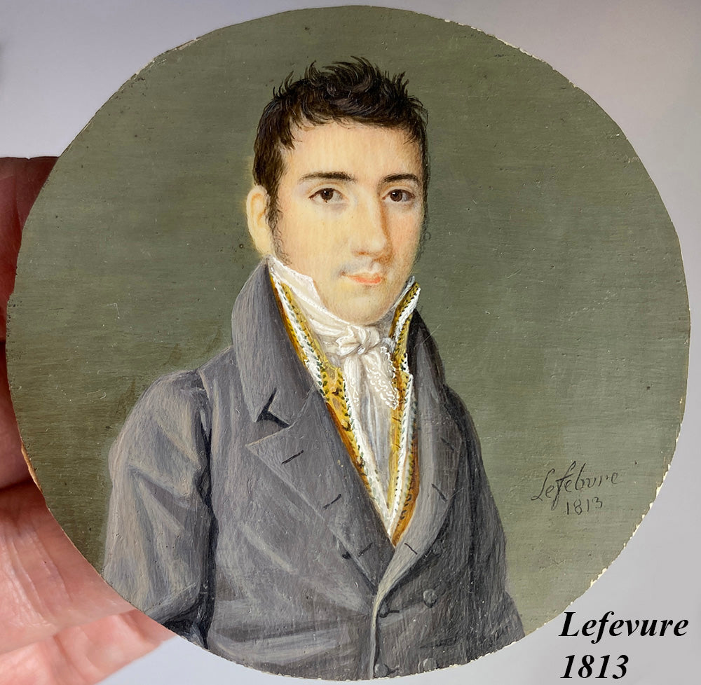 antique French Portrait Miniature, Gentleman in Embroidered Vest, Signed Lefebure, 1813, Hair Art Back