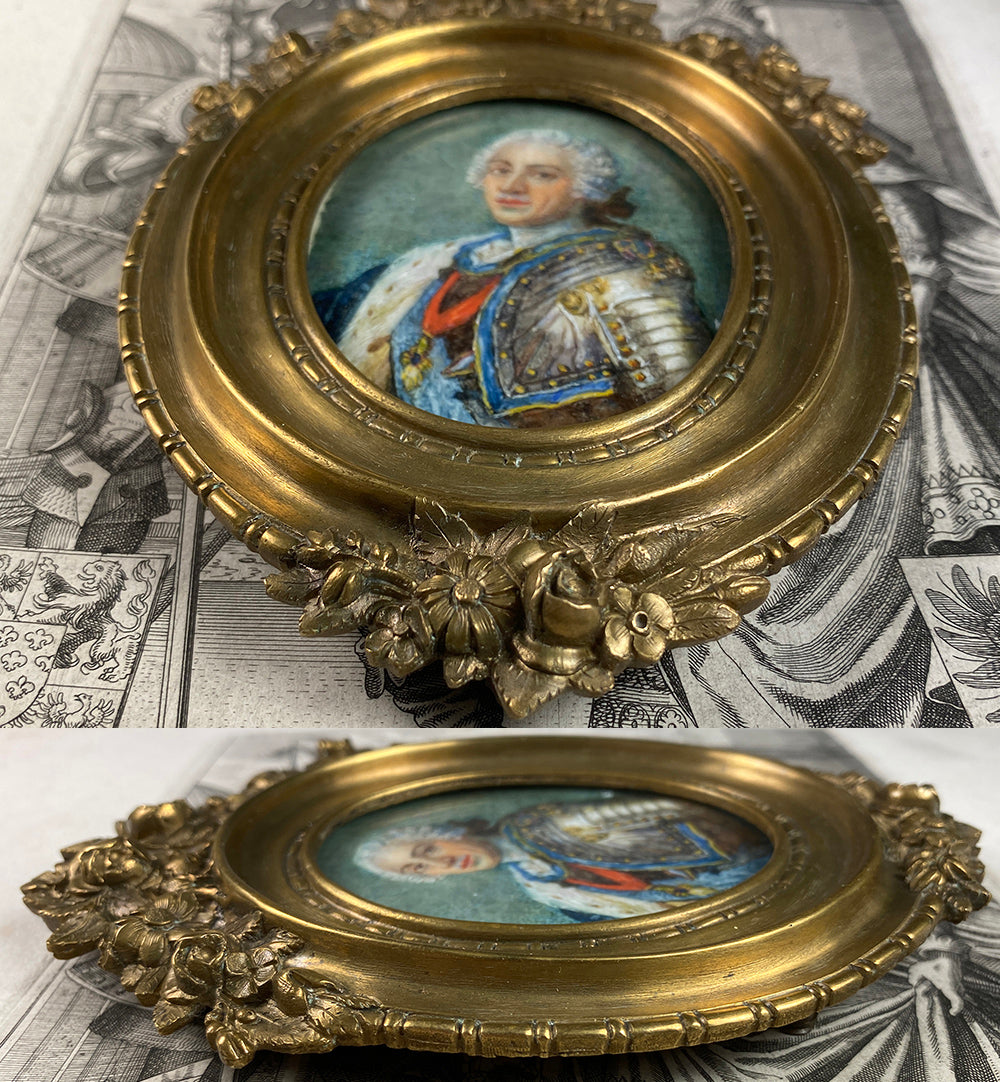 Antique French Portrait Miniature, Opulent Bronze Frame, King Louis XV Painted c.1840-60, Grand Tour Souvenir