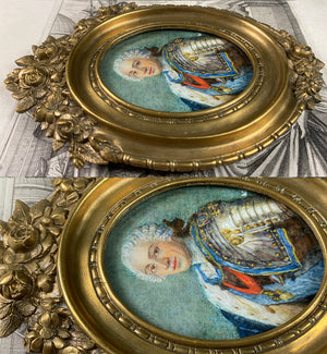 Antique French Portrait Miniature, Opulent Bronze Frame, King Louis XV Painted c.1840-60, Grand Tour Souvenir