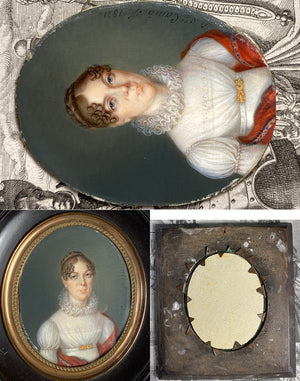 Antique French Portrait Miniature, Beautiful Woman, Red Shawl, c.1821, Artist Signed