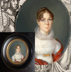 Antique French Portrait Miniature, Beautiful Woman, Red Shawl, c.1821, Artist Signed