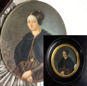 Rather Large French Portrait Miniature, Signed c.1845, Woman in Mourning Fashion, Gold Jewelry, Watch