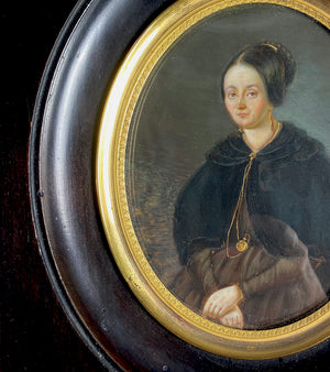Rather Large French Portrait Miniature, Signed c.1845, Woman in Mourning Fashion, Gold Jewelry, Watch