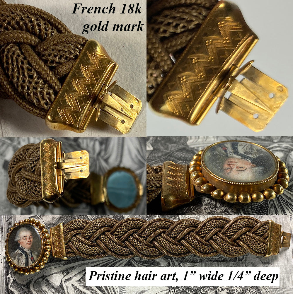 RARE c.1770s French Revolutionary Officer Portrait Miniature, 18k Gold Bracelet, Hair Art