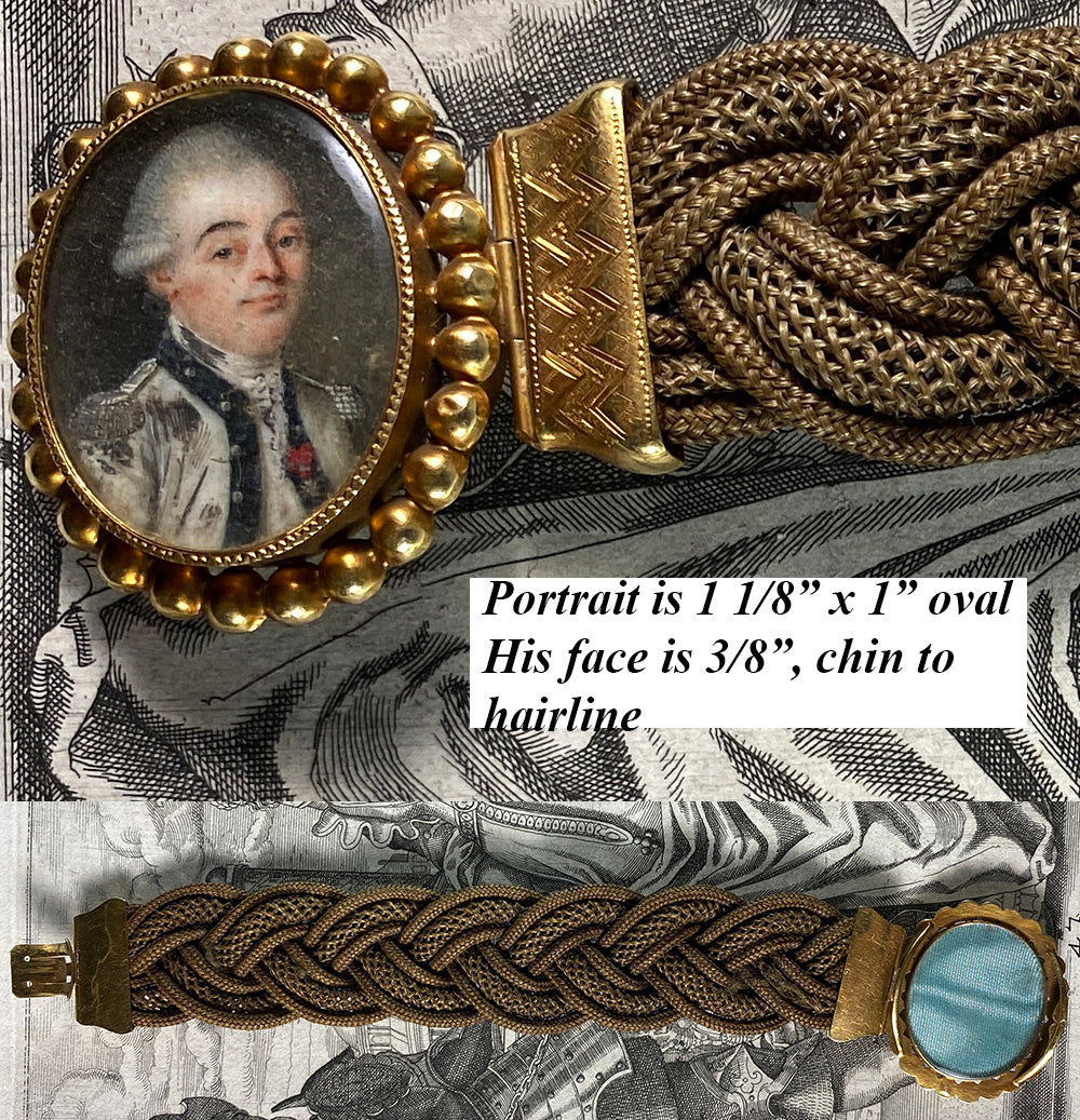 RARE c.1770s French Revolutionary Officer Portrait Miniature, 18k Gold Bracelet, Hair Art