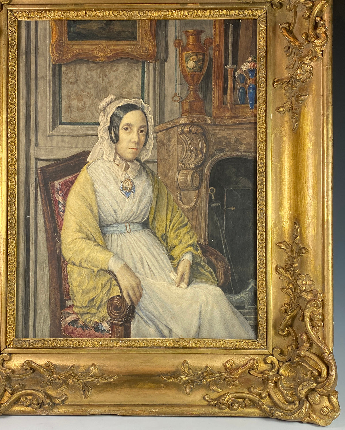 Fine Antique French 18.5" x 15.5" Framed Portrait in Interior, Mother with Miniature of Child, c.1820-30s