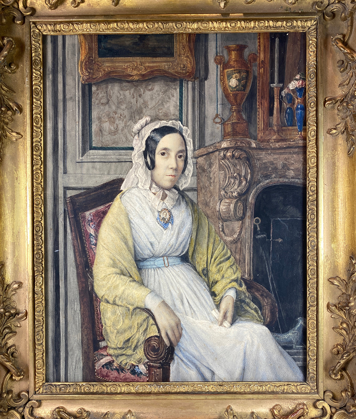 Fine Antique French 18.5" x 15.5" Framed Portrait in Interior, Mother with Miniature of Child, c.1820-30s