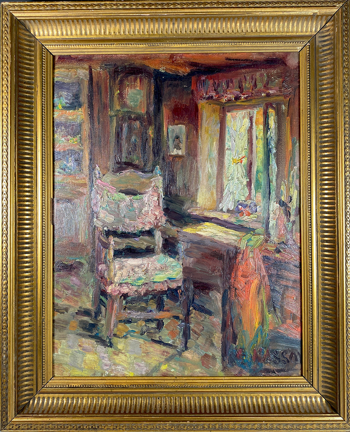 Antique French Oil Painting, Impressionist Interior c. 1880-1900, Signed, Nicely Framed