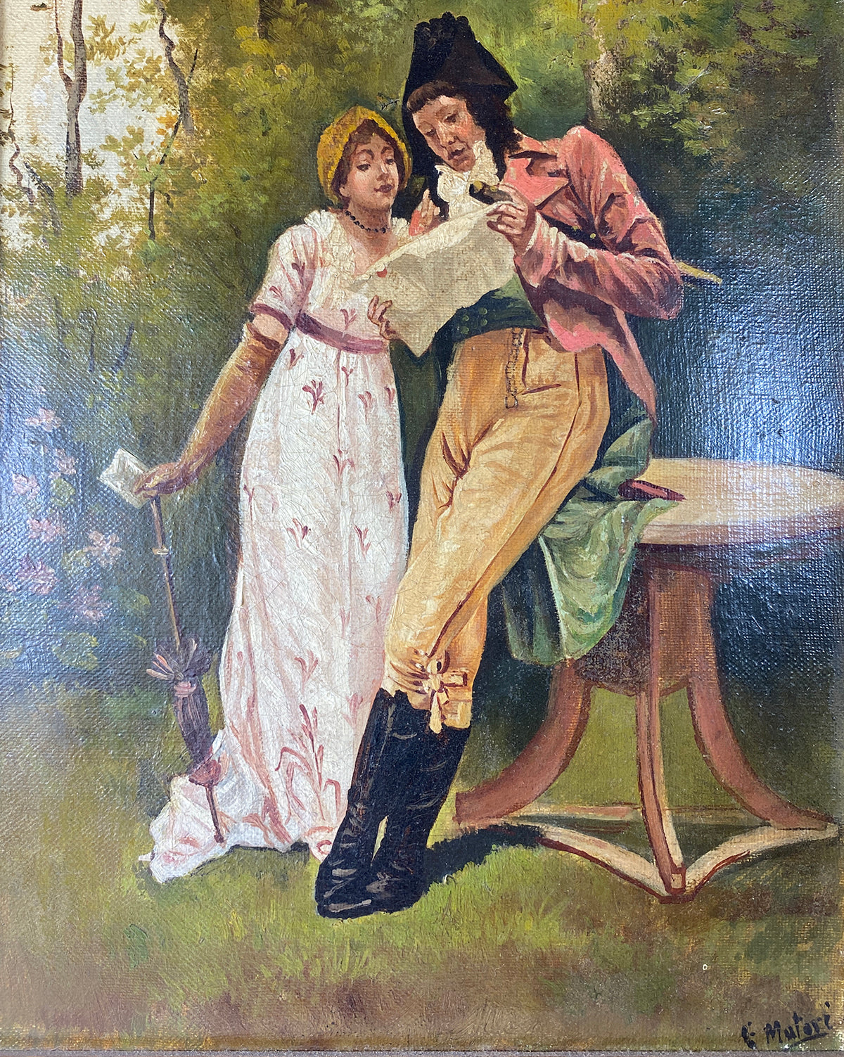 Antique French Oil Painting on Canvas, c. 1795 Couple in Landscape, Incroyables & Marveillieuse