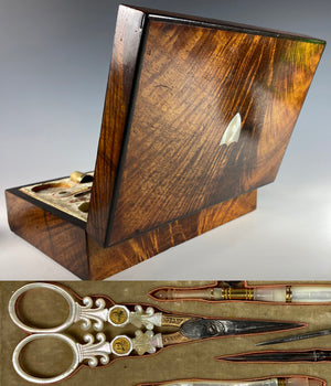 RARE Antique Palais Royal French Sewing Box, 18k Gold, Mother of Pearl Tools, Emeralds, c.1800