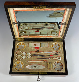 RARE Antique Palais Royal French Sewing Box, 18k Gold, Mother of Pearl Tools, Emeralds, c.1800
