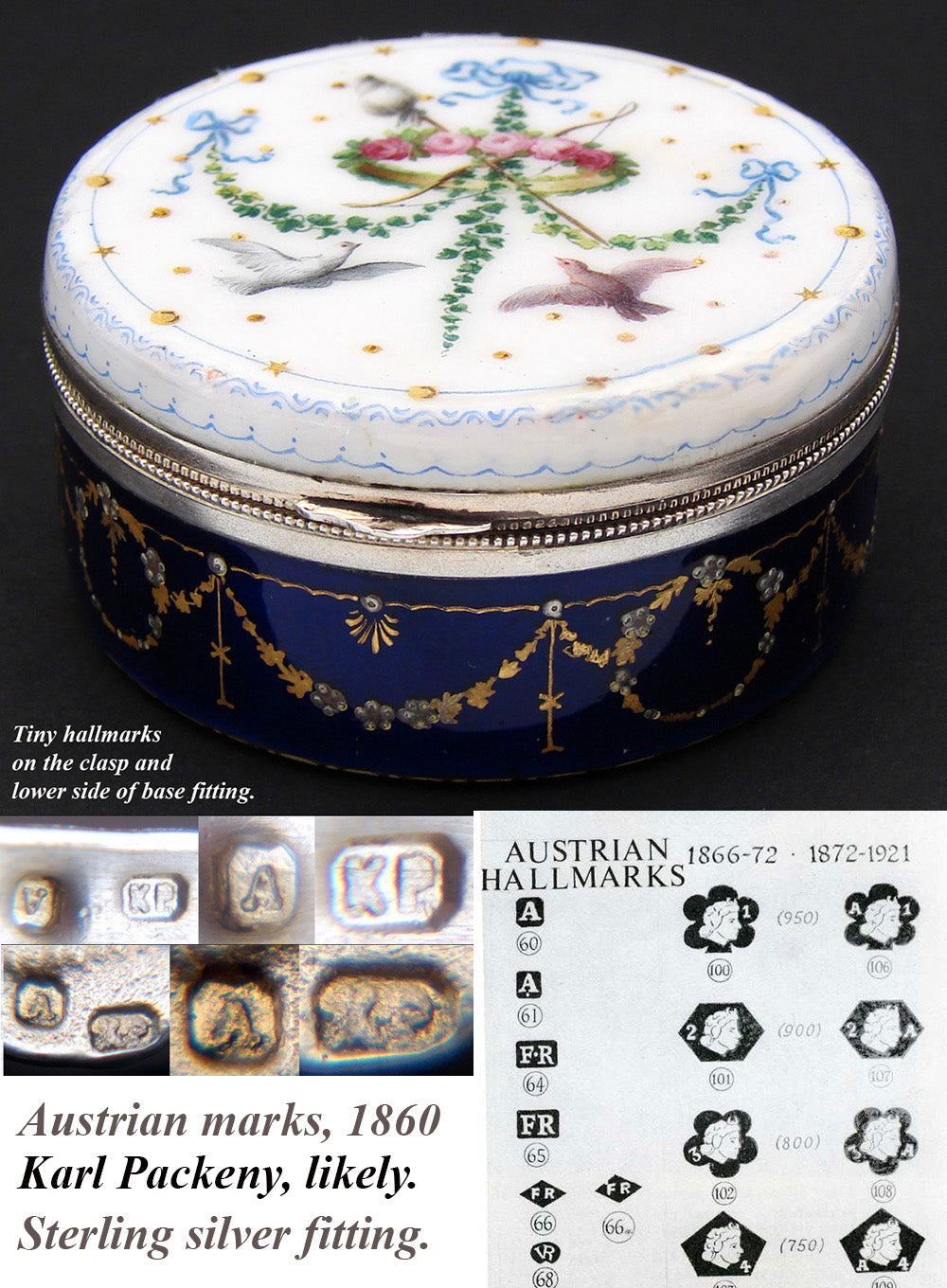 Viennese  c.1850-60  Vienna Austria Kiln Fired Enamel Patch or Snuff, Vanity Box, Casket, Sterling Silver, Packeny, Karl Active: 1815-58