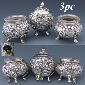 Ornate Antique Continental .800 Solid Silver 3pc Open Salt & Pepper Shaker Set