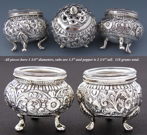 Ornate Antique Continental .800 Solid Silver 3pc Open Salt & Pepper Shaker Set