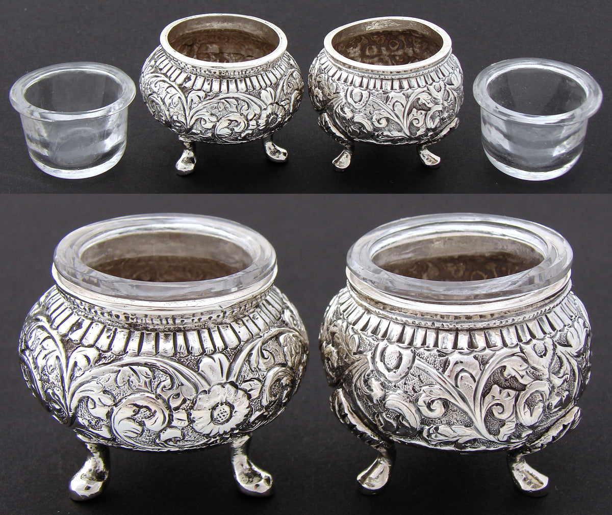 Ornate Antique Continental .800 Solid Silver 3pc Open Salt & Pepper Shaker Set