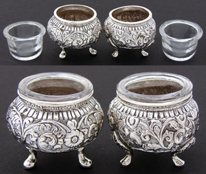 Ornate Antique Continental .800 Solid Silver 3pc Open Salt & Pepper Shaker Set