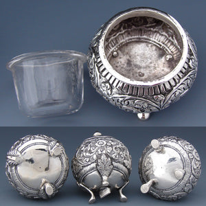 Ornate Antique Continental .800 Solid Silver 3pc Open Salt & Pepper Shaker Set