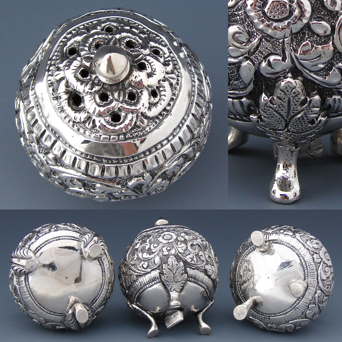 Ornate Antique Continental .800 Solid Silver 3pc Open Salt & Pepper Shaker Set