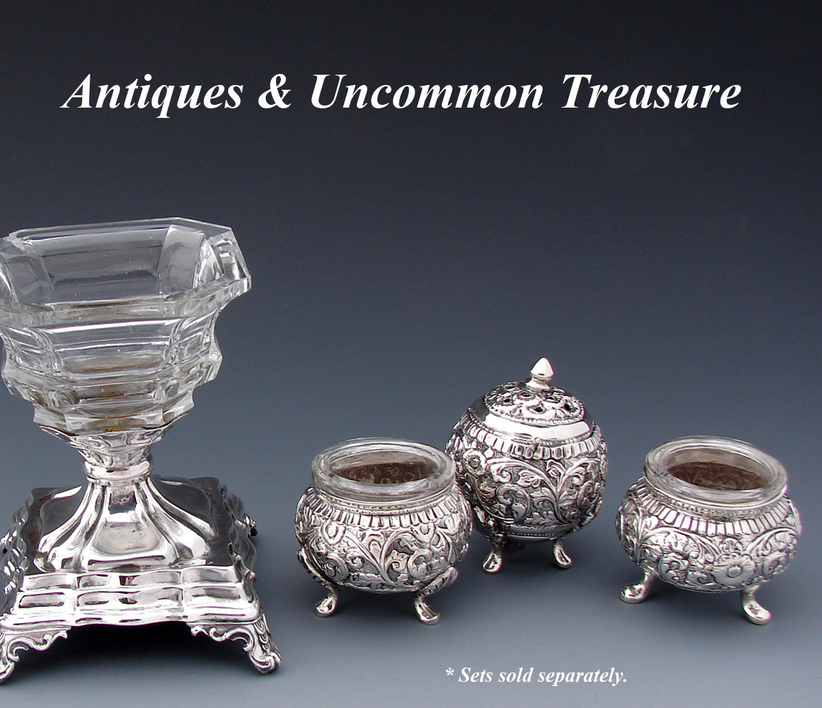 Ornate Antique Continental .800 Solid Silver 3pc Open Salt & Pepper Shaker Set