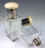 Antique Pair English Edwardian Sterling and Ivory Scent or Perfume Bottles, Flask, from Vanity Case