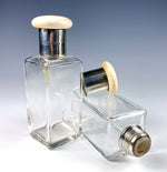 Antique Pair English Edwardian Sterling and Ivory Scent or Perfume Bottles, Flask, from Vanity Case