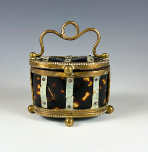 Antique French Jewelry Casket, Trinket, Tortoise Shell, Mother of Pearl, Ormolu Frame