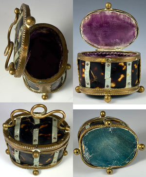 Antique French Jewelry Casket, Trinket, Tortoise Shell, Mother of Pearl, Ormolu Frame