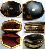 Antique French Pique Coin Purse, Fine Tortoise Shell and Silk, Napoleon III, Victorian Era