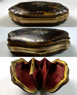 Antique French Pique Coin Purse, Fine Tortoise Shell and Silk, Napoleon III, Victorian Era