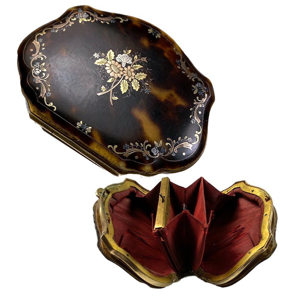 Antique French Pique Coin Purse, Fine Tortoise Shell and Silk, Napoleon III, Victorian Era