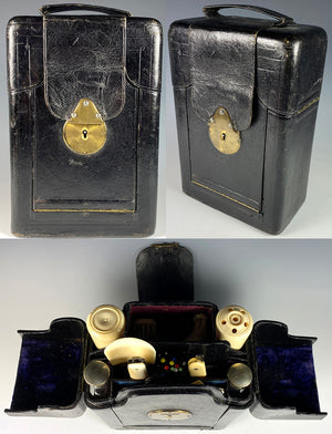 Antique French Trousse de Voyage, Travel Vanity Case, Perfumes, Razors, Many Tools in Ivory